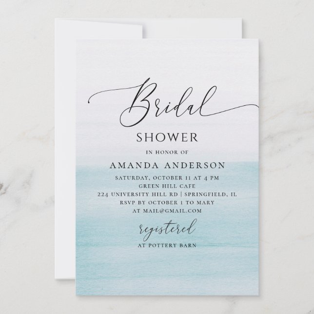 Blue Coastal Bridal Shower | Watercolor Beach Einladung (Vorderseite)