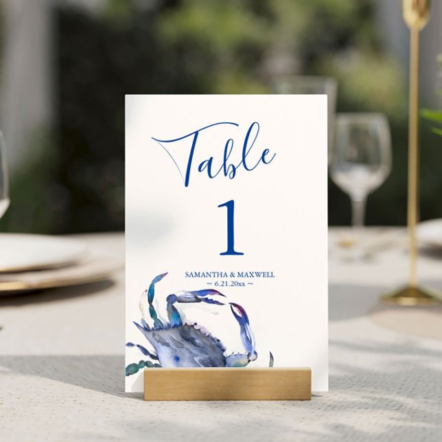 Blue Coastal Crab Wedding Tischnummer (Table number cards destination beach wedding watercolor blue crab art by Victoria Grigaliunas)