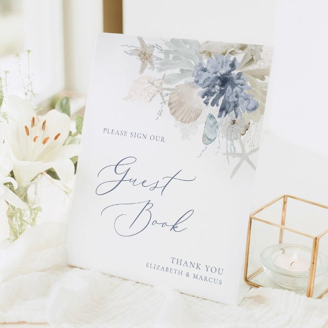 Blue Coastal Guest Book Wedding Pedestal Sign Sockelschild (Blue coastal guest book wedding sign with seashell design, elegant beach reception decor)