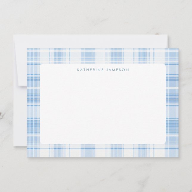 Blue Coastal Plaid Pattern Monogram Mitteilungskarte (Vorderseite)
