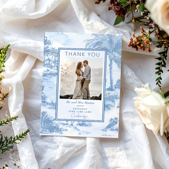 Blue Coastal Toile Hochzeit Danke Karte (Von Creator hochgeladen)
