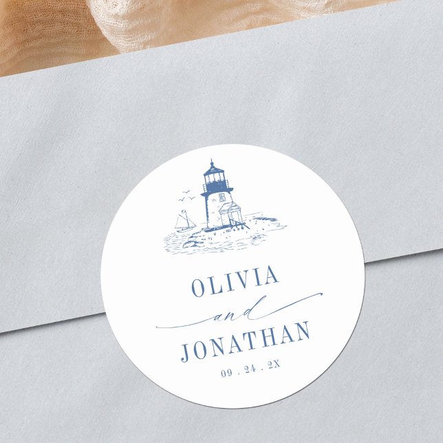 Blue Coastal Toile Lighthouse Wedding Runder Aufkleber (Von Creator hochgeladen)