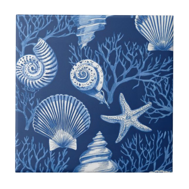 Blue Coastal Toile Seashell Coral Pattern (2) Fliese (Vorderseite)
