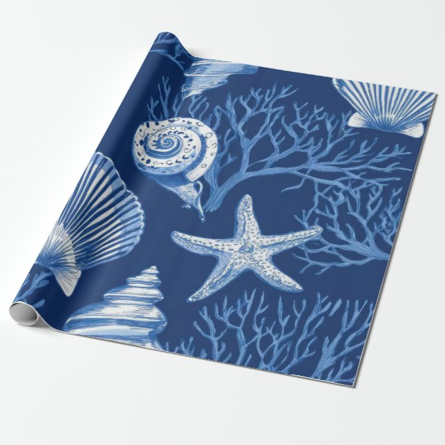 Blue Coastal Toile Seashell Coral Pattern (2) Geschenkpapier (Ungerollt)