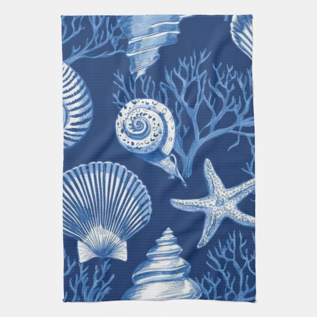 Blue Coastal Toile Seashell Coral Pattern (2) Geschirrtuch (Vertikal)
