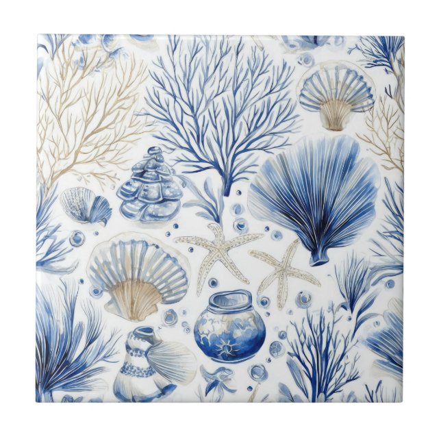 Blue Coastal Toile Seashell Coral Pattern (3) Fliese (Vorderseite)