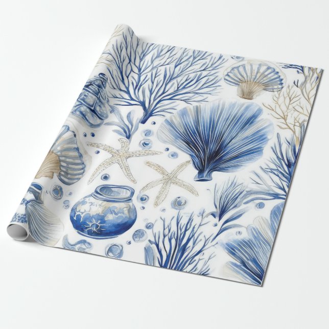 Blue Coastal Toile Seashell Coral Pattern (3) Geschenkpapier (Ungerollt)