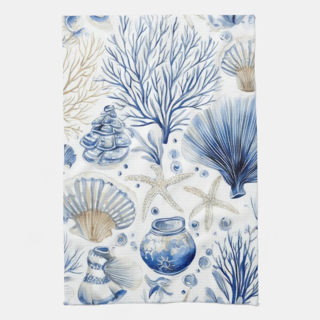 Blue Coastal Toile Seashell Coral Pattern (3) Geschirrtuch (Vertikal)