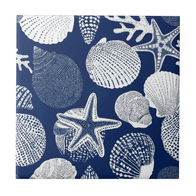 Blue Coastal Toile Seashell Coral Pattern (4) Fliese (Vorderseite)