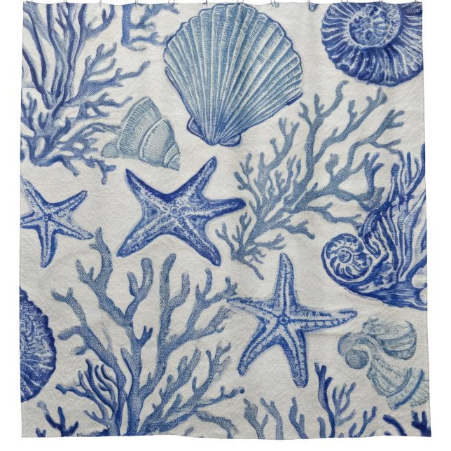 Blue Coastal Toile Seashell Coral Pattern Duschvorhang (Vorderseite)