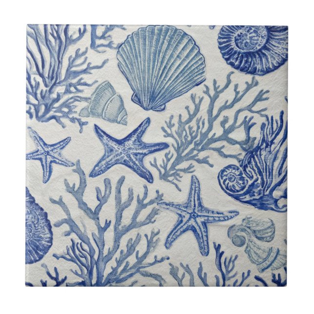 Blue Coastal Toile Seashell Coral Pattern Fliese (Vorderseite)