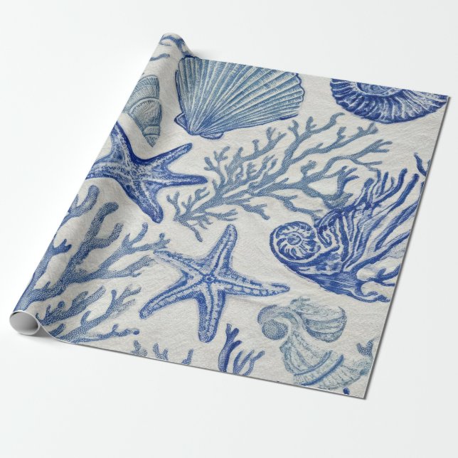 Blue Coastal Toile Seashell Coral Pattern Geschenkpapier (Ungerollt)