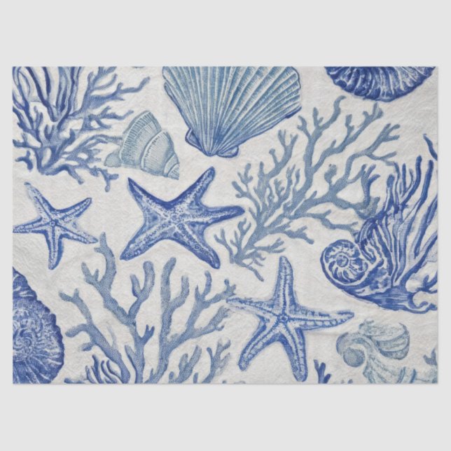 Blue Coastal Toile Seashell Coral Pattern Seidenpapier (Vorderseite)