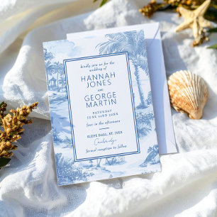 Blue Coastal Toile Wedding Card Einladung