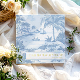 Blue Coastal Toile Wedding Gold Foil Luxus Gästebuch