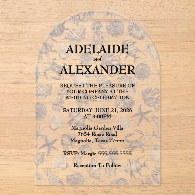 Blue Coastal Wedding Acryleinladungen (Vorderseite)