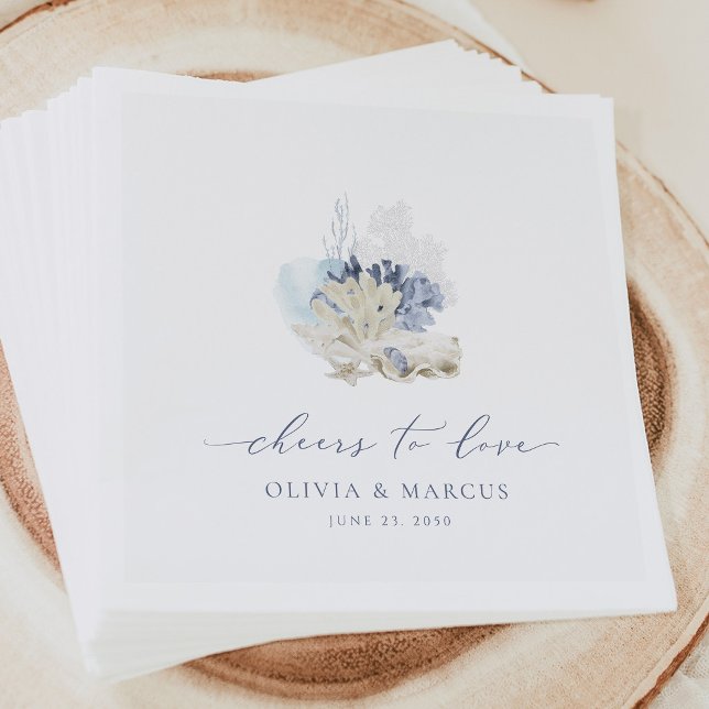 Blue Coastal Wedding Napkins Beach Seashell Serviette (Blue coastal wedding napkins with seashell design, elegant beach reception table decor)