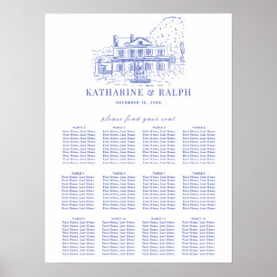 Blue Colonial House/Mansion/Manor Seating Chart Poster