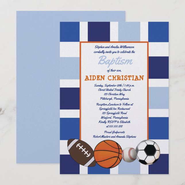 Blue Color Block Sports Boy Taufe Einladung (Vorne/Hinten)