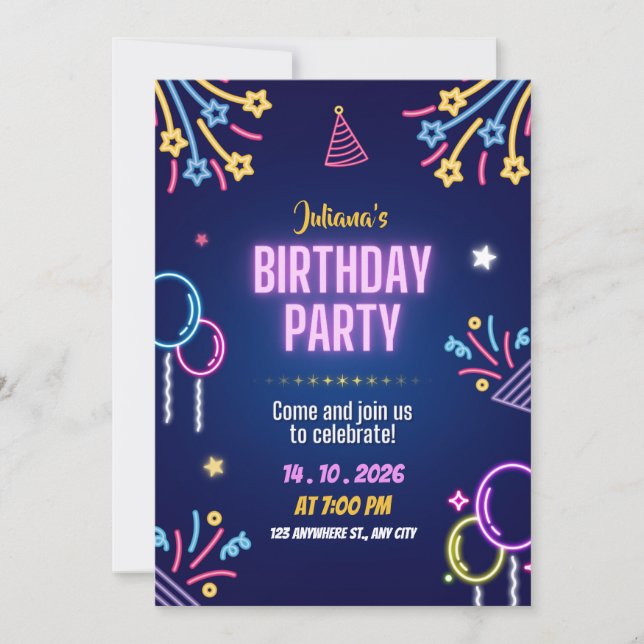 Blue Colorful Neon Birthday Party Invitation Einladung (Vorderseite)