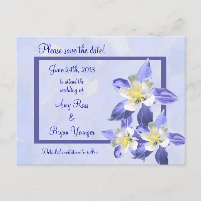 Blue Columbine Save the Date Wedcard Ankündigungspostkarte (Vorderseite)