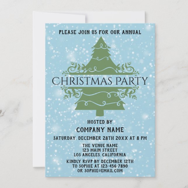 Blue Company Holiday Weihnachten Party Tree Snow Einladung (Vorderseite)
