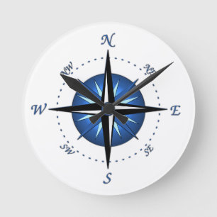 Blue Compass-Rose Runde Wanduhr