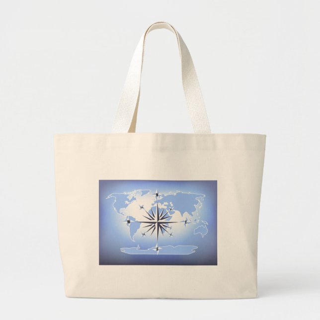 Blue Compass Rose World Map Leinwand Tote Bag Jumbo Stoffbeutel (Vorne)