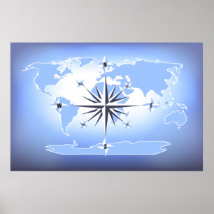 Blue Compass Rosen World Map Poster