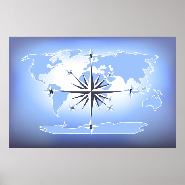 Blue Compass Rosen World Map Poster (Vorne)