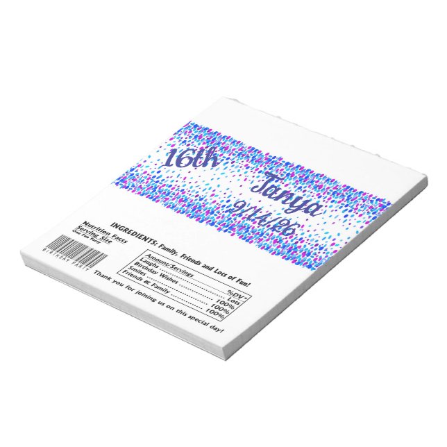 Blue Confetti Candy Bar Wrapper Gastgeschenk Notizblock (Rotiert)