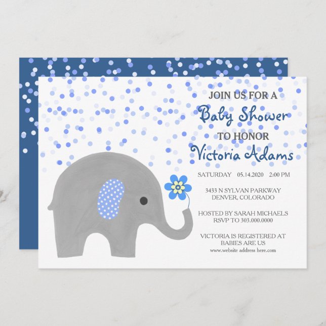 Blue Confetti Elephant Baby Boy Dusche Einladung (Vorne/Hinten)
