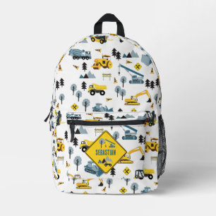 Blue Construction Trucks & Site Theme Boys Name Bedruckter Rucksack