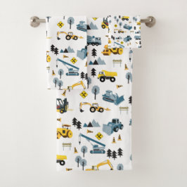Blue Construction Trucks & Site Theme Muster Badhandtuch Set