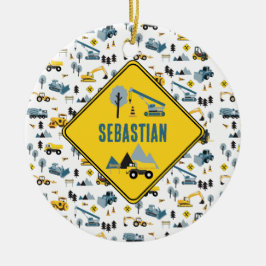 Blue Construction Trucks & Site Theme Muster Keramik Ornament