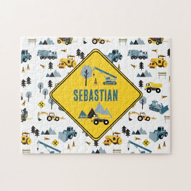 Blue Construction Trucks & Site Theme Muster Puzzle (Horizontal)