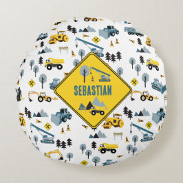 Blue Construction Trucks & Site Theme Muster Rundes Kissen
