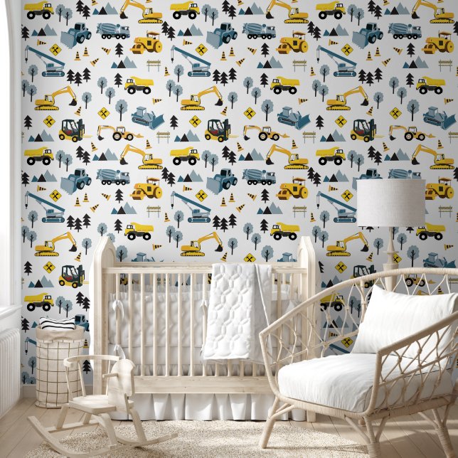 Blue Construction Trucks & Site Theme Muster Tapete (Kinder)