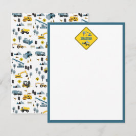 Blue Construction Trucks & Site Theme Pattern Kids Mitteilungskarte