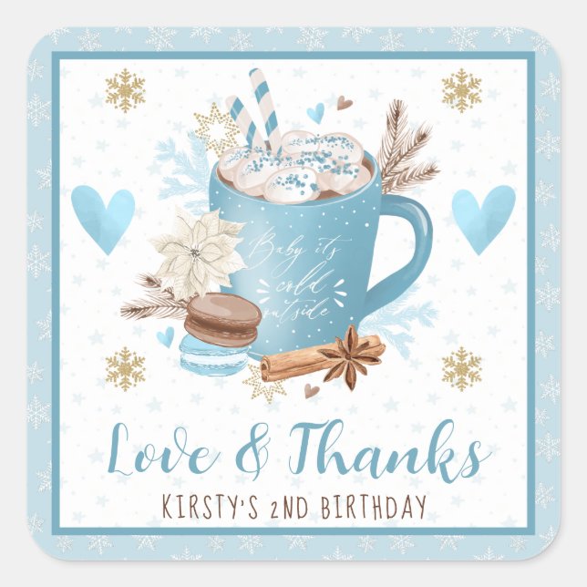 Blue Cookies & Cocoa Birthday Party Favor Quadratischer Aufkleber (Vorderseite)