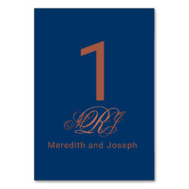 Blue Copper Monogram Elegant Script Wedding Tischnummer