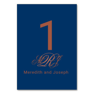 Blue Copper Monogram Elegant Script Wedding Tischnummer