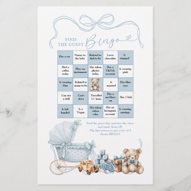 Blue Coquette Baby Carriage Find The Guest Bingo (Vorderseite)