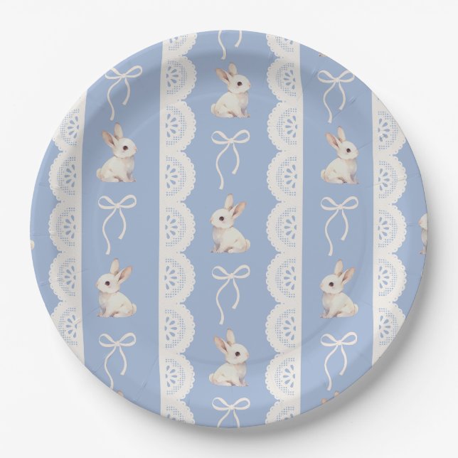 Blue Coquette Bow Bunny Lace Pattern Paper Plate Pappteller (Vorderseite)