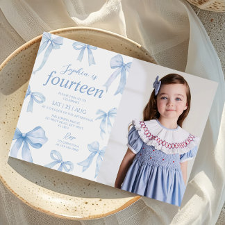 Blue Coquette Bow Girl Geburtstagsparty Foto Einladung