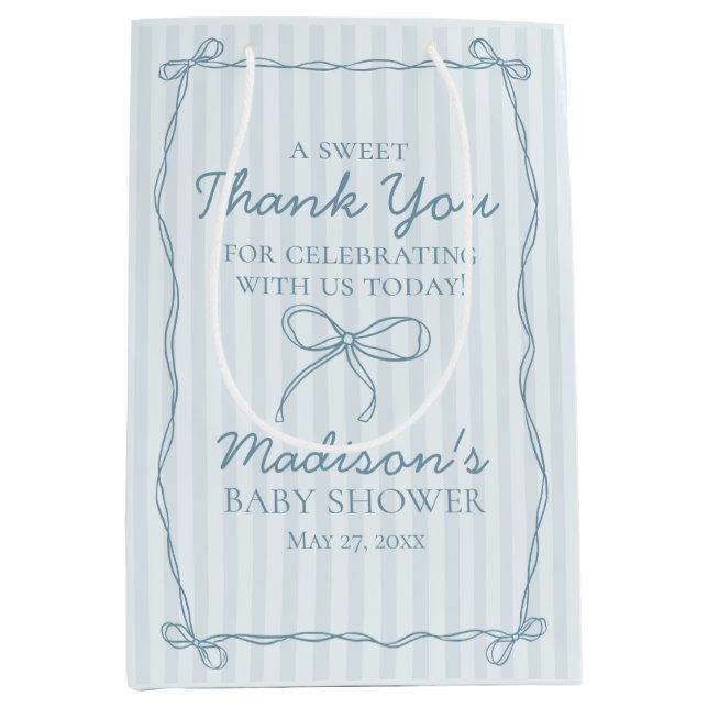 Blue Coquette Bow Pastel Striping Baby Dusche Gefa Mittlere Geschenktüte (Vorderseite)