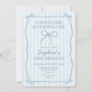 Blue Coquette Bow Pastell gestreift Geburtstagspar Einladung