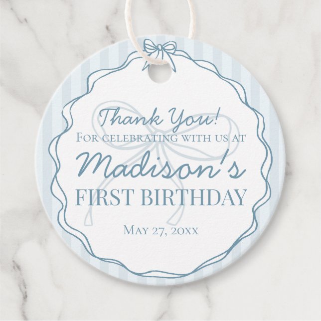 Blue Coquette Bow Pastell Streifen Geburtstag Geschenkanhänger (Vorderseite)