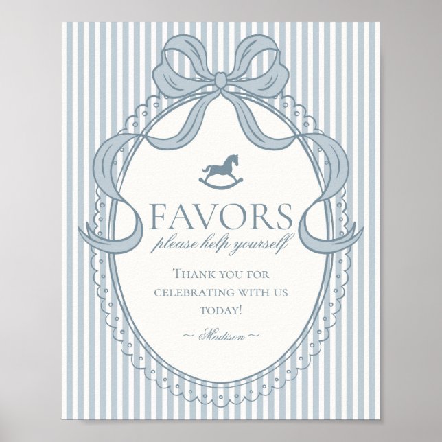 Blue Coquette Bow Rocking Horse Stripe Favors Sign Poster (Vorne)