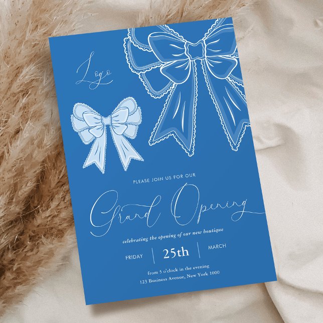Blue Coquette Bows Elegante Grosse Einladung (Modern dusty blue coquette bows business grand opening invitation)